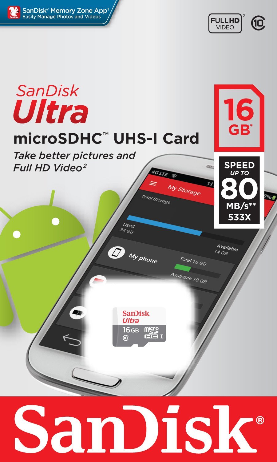 SanDisk Ultra Android microSDHC-geheugenkaart, 16Gb, Klasse 10 / UHS-1 U1 SDSQUNS-016G-GN3MN SDSQUNS-016G-GN3MN