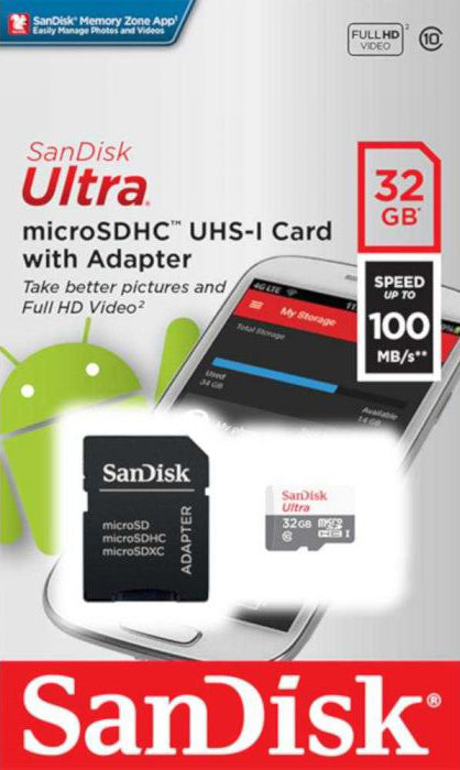 Geheugenkaart microSDHC SanDisk Ultra, 32Gb, Klasse 10, Met Adapter SDSQUNR-032G-GN3MA