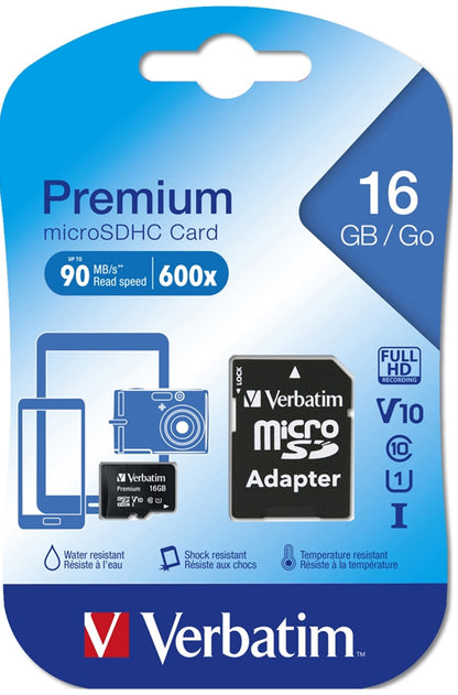 Verbatim microSDHC Memory Card, 16GB, Class 10 / UHS-1 U1, With Adapter 44082