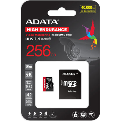 Geheugenkaart microSDXC Adata High Endurance, 256Gb, Klasse 10 / UHS-1 U3, Met Adapter AUSDX256GUI3V30SHA2-RA1