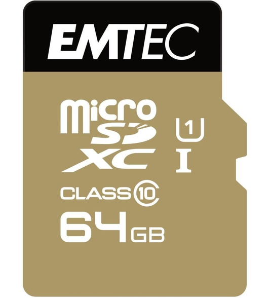 MicroSDXC Geheugenkaart Emtec Gold+, 64Gb, Klasse 10 / UHS-1 U1, Met Adapter ECMSDM64GXC10GP