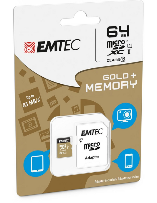 MicroSDXC Geheugenkaart Emtec Gold+, 64Gb, Klasse 10 / UHS-1 U1, Met Adapter ECMSDM64GXC10GP
