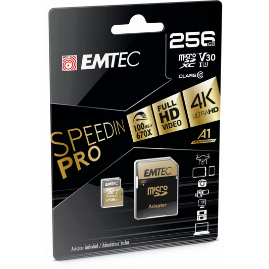Geheugenkaart microSDXC Emtec Speedin Pro Android A1, 256Gb, Klasse 10 / UHS-1 U3, Met Adapter ECMSDM256GXC10SP
