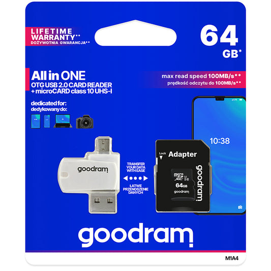 GoodRam microSDXC Geheugenkaart, 64Gb, Klasse 10 / UHS-1 U1, Met Kaartlezer en Adapter M1A4-0640R12