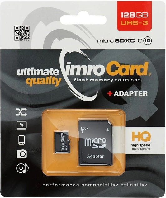 Imro microSDXC Geheugenkaart, 128Gb, Klasse 10 / UHS-1 U3, Met Adapter