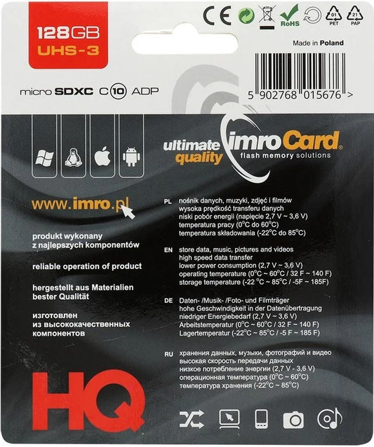 Imro microSDXC Geheugenkaart, 128Gb, Klasse 10 / UHS-1 U3, Met Adapter