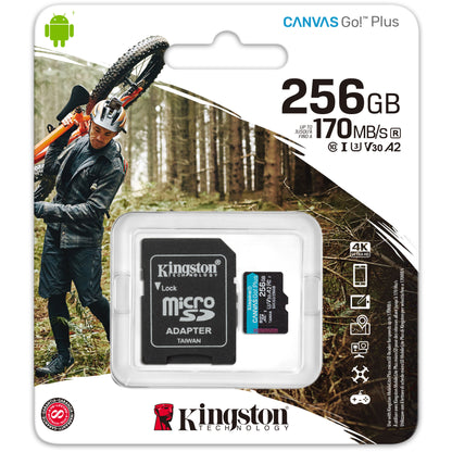 Geheugenkaart microSDXC Kingston Canvas Go Plus, 256Gb, Klasse 10 / UHS-1 U3, Met SDCG3/256GB Adapter 