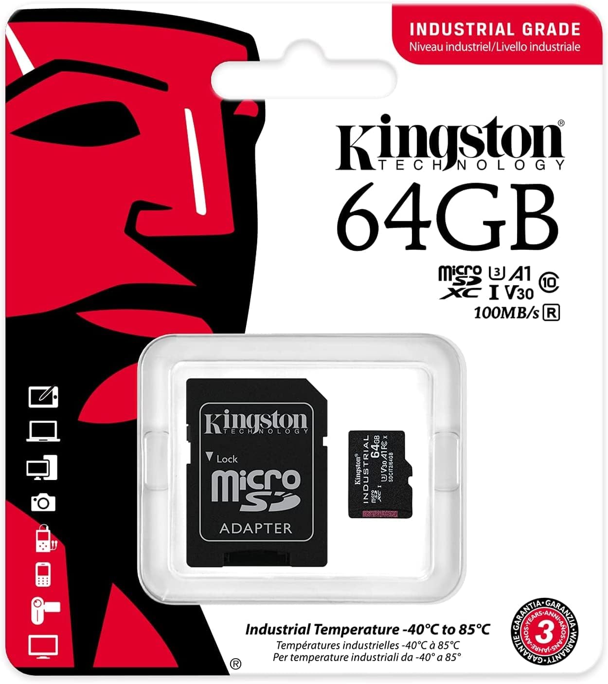 Kingston Industrial microSDXC Geheugenkaart, 64Gb, Klasse 10 / UHS-1 U3, Met Adapter SDCIT2/64GB