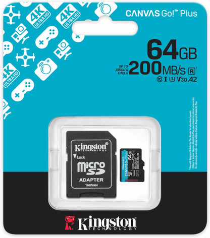 Kingston Canvas Go Plus Android A2 microSDXC Geheugenkaart, 64Gb, Klasse 10 / UHS-1 U3, Met Adapter SDCG4/64GB