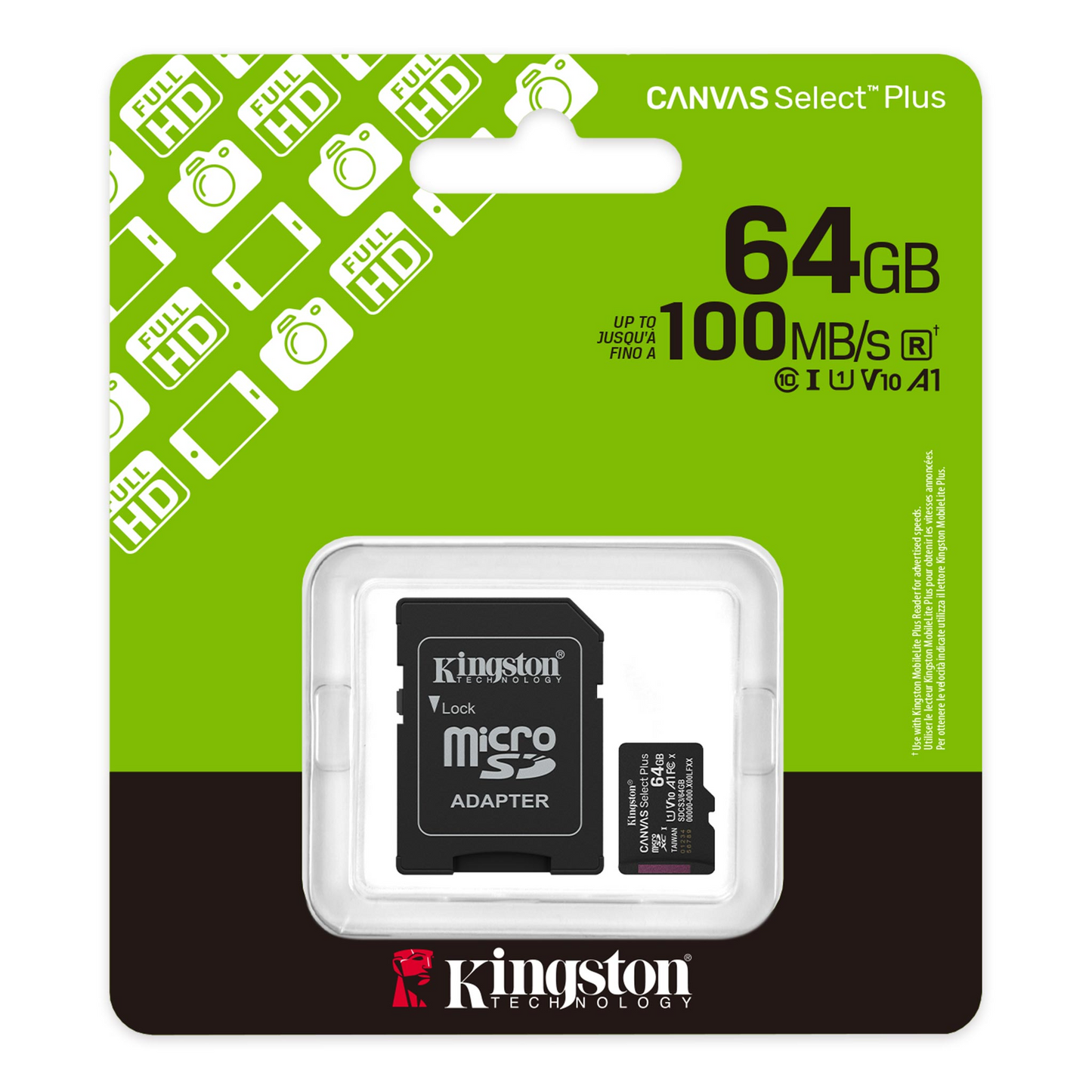 Kingston Canvas Select Plus Android A1 microSDXC Geheugenkaart, 64Gb, Klasse 10 / UHS-1 U1, Met Adapter SDCS3/64GB