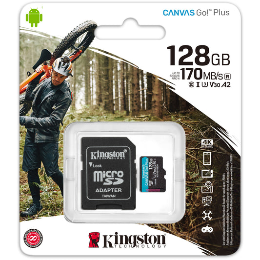 Geheugenkaart microSDXC Kingston Canvas Go Plus, 128Gb, Klasse 10 / UHS-1 U3, Met Adapter SDCG3/128GB