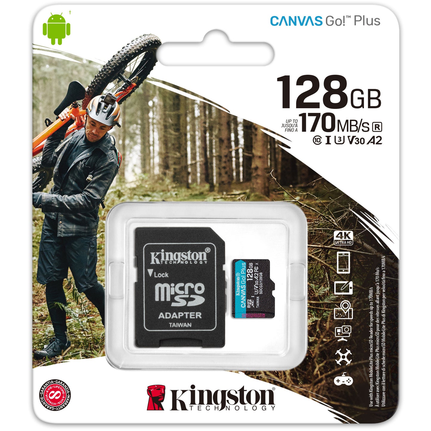 Geheugenkaart microSDXC Kingston Canvas Go Plus, 128Gb, Klasse 10 / UHS-1 U3, Met Adapter SDCG3/128GB 