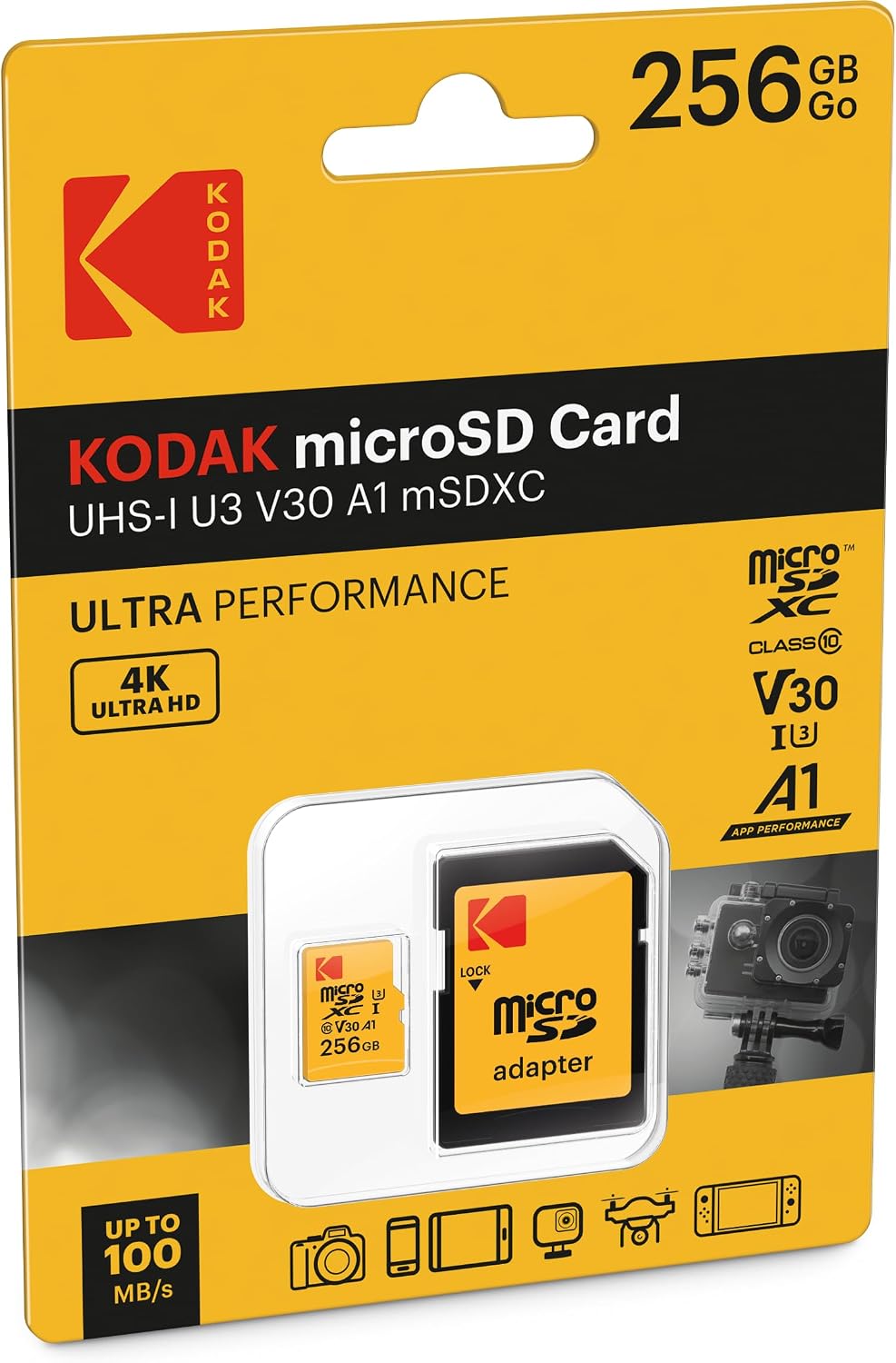 Kodak microSDXC Geheugenkaart, 256Gb, Klasse 10 / UHS-1 U3, Met Adapter EKMSDM256GXC10HPRK