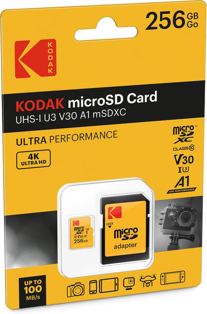 Kodak microSDXC Geheugenkaart, 256Gb, Klasse 10 / UHS-1 U3, Met Adapter EKMSDM256GXC10HPRK