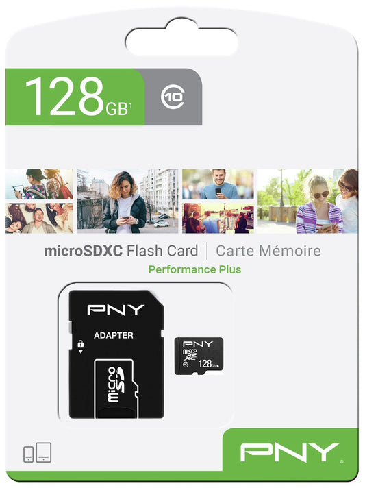 MicroSDXC Geheugenkaart PNY Performance Plus, 128Gb, Klasse 10, Met Adapter P-SDU12810PPL-GE