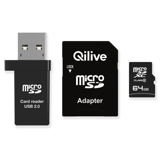 Qilive microSDXC Geheugenkaart, 64Gb, Klasse 10, Met Kaartlezer en Adapter EKMSDM64GXC10QL
