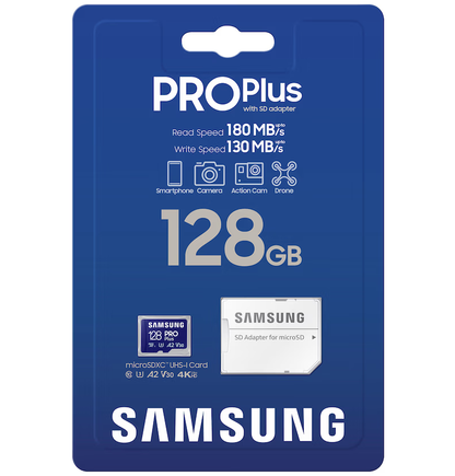 Samsung PRO Plus microSDXC Geheugenkaart, 128Gb, Klasse 10 / UHS-1 U3, Met Adapter MB-MD128SA/EU