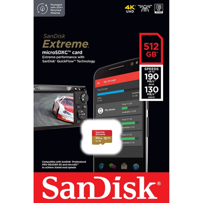 SanDisk Extreme microSDXC geheugenkaart, 512Gb, Klasse 10 / UHS-1 U3 SDSQXAV-512G-GN6MN