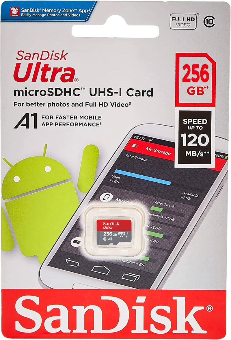 Geheugenkaart microSDXC SanDisk Ultra Android A1, 256Gb, Klasse 10 / UHS-1 U1 SDSQUAC-256G-GN6MN