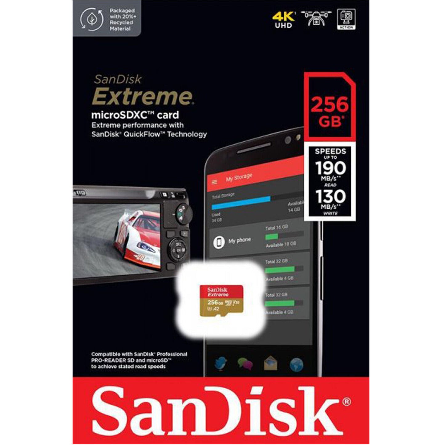 SanDisk Extreme microSDXC Geheugenkaart, 256Gb, Klasse 10 / UHS-1 U3 SDSQXAV-256G-GN6MN