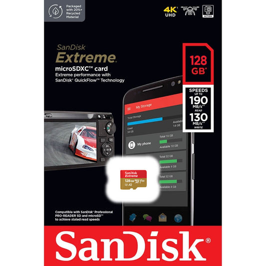 SanDisk Extreme microSDXC-geheugenkaart, 128Gb, Klasse 10 / UHS-1 U3 SDSQXAA-128G-GN6MN 