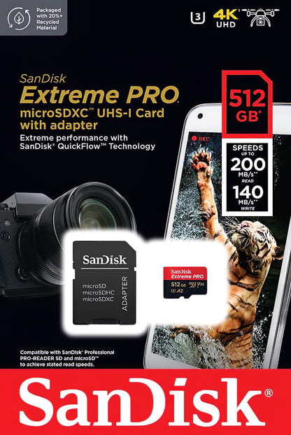 SanDisk Extreme Pro microSDXC Memory Card, 512Gb, Class 10 / UHS-1 U3, With Adapter SDSQXCD-512G-GN6MA