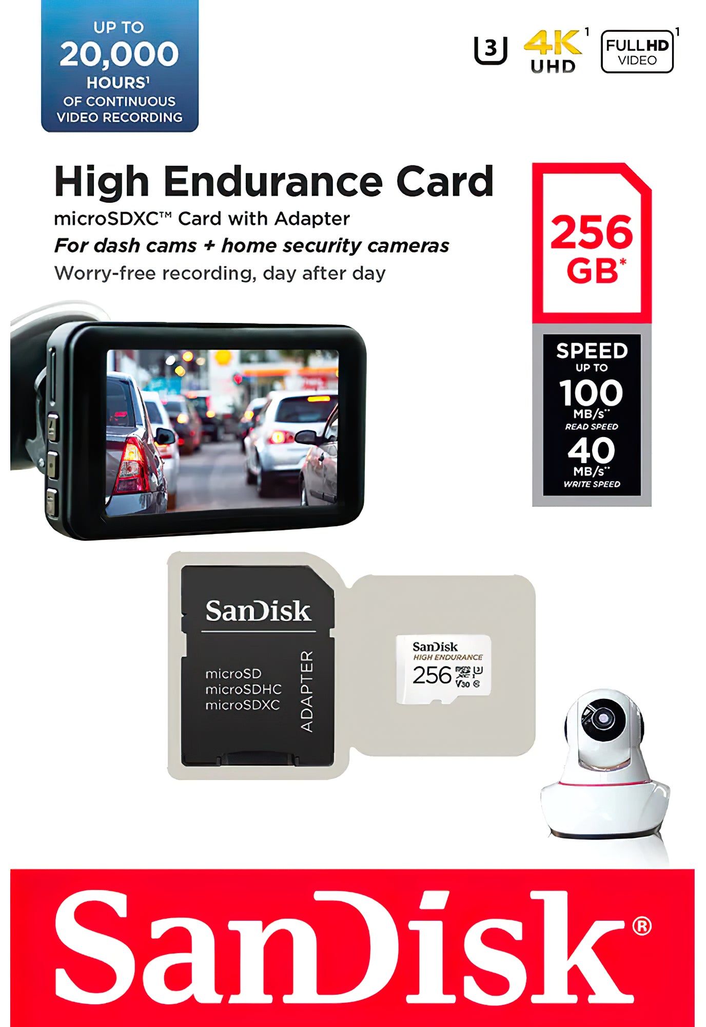 Geheugenkaart microSDXC SanDisk High Endurance, 256Gb, Klasse 10 / UHS-1 U3, Met Adapter SDSQQNR-256G-GN6IA