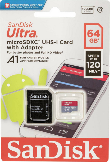 SanDisk Ultra Android A1 microSDXC Geheugenkaart, 64Gb, Klasse 10 / UHS-1 U1, Met Adapter SDSQUAB-064G-GN6MA