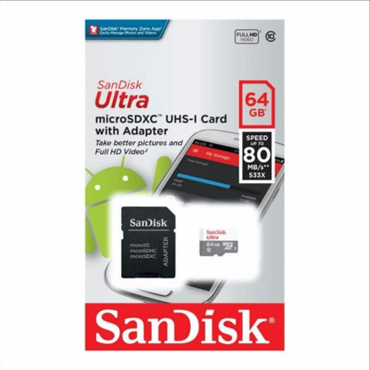 Geheugenkaart microSDXC SanDisk Ultra, 64Gb, Klasse 10, Met Adapter SDSQUNR-064G-GN3MA