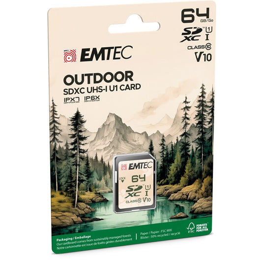 SDHC Geheugenkaart Emtec Outdoor, 64Gb, Klasse 10 / UHS-1 U1 ECMSD64GXCU1OR