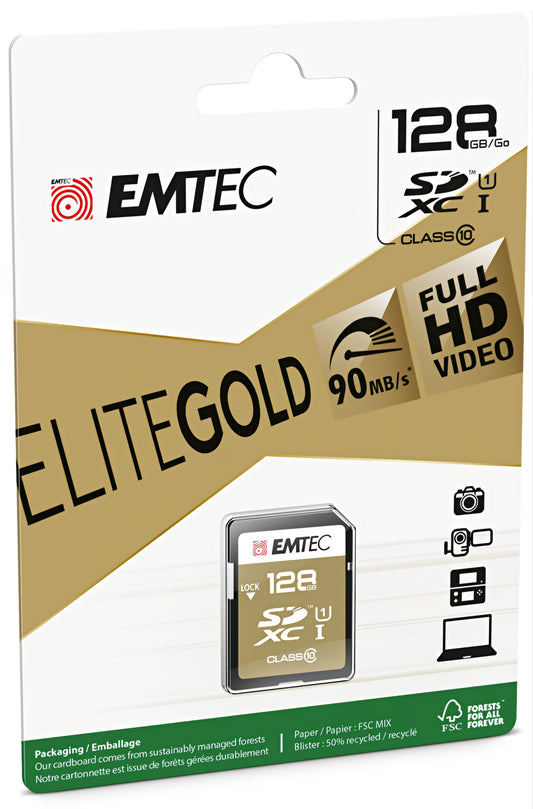 SDXC Geheugenkaart Emtec Elite Gold, 128Gb, Klasse 10 / UHS-1 U1 ECMSD128GXC10GP