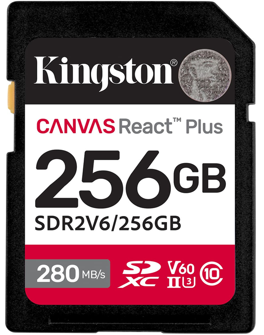 Geheugenkaart SDXC Kingston Canvas React Plus, 256Gb, Klasse 10 / UHS-2 U3 SDR2V6/256GB