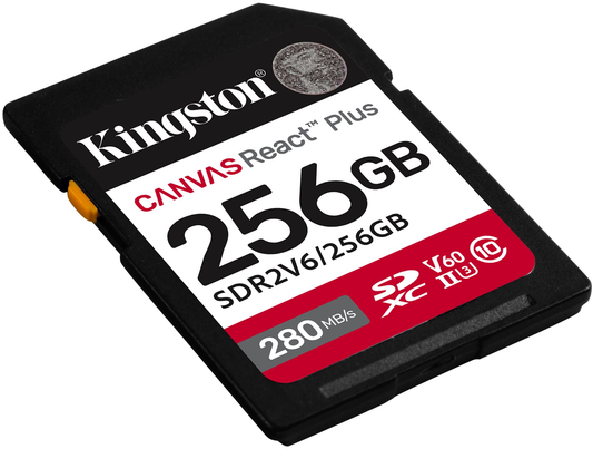 Geheugenkaart SDXC Kingston Canvas React Plus, 256Gb, Klasse 10 / UHS-2 U3 SDR2V6/256GB