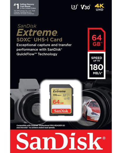 SanDisk Extreme SDXC Geheugenkaart, 64Gb, Klasse 10 / UHS-1 U3 SDSDXV2-064G-GNCIN