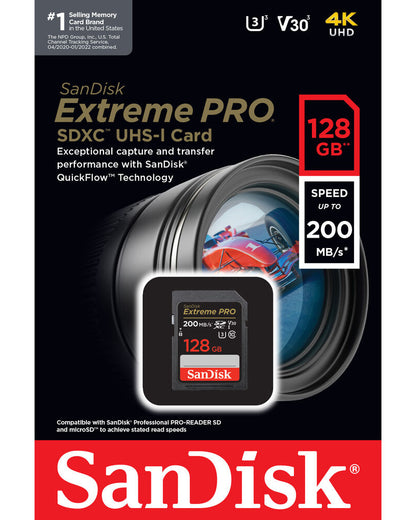 SDXC Geheugenkaart SanDisk Extreme Pro, 128Gb, Klasse 10 / UHS-1 U3 SDSDXXD-128G-GN4IN