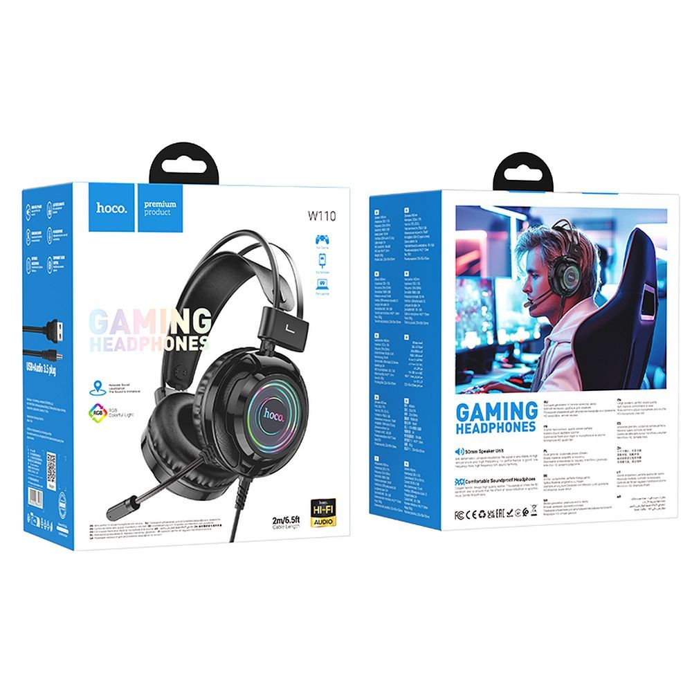 Gaming Headset 3.5mm HOCO W110, RGB, Zwart