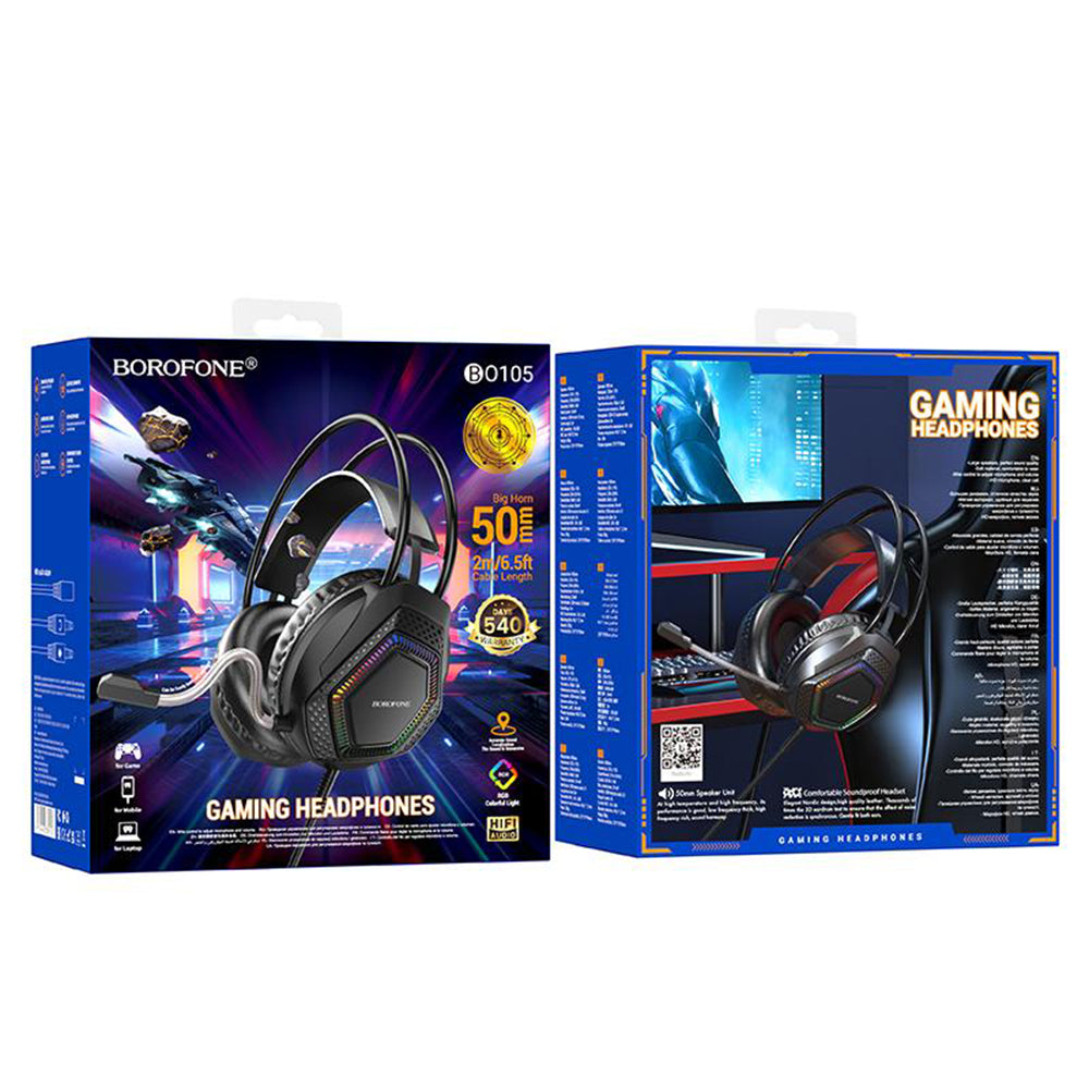 Gaming Headset 3.5mm Borofone BO105 Thunder, RGB, 2m, Zwart