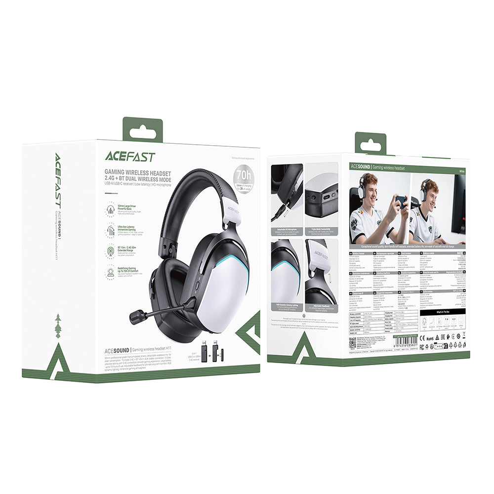 Draadloze Gaming Headset Acefast H11, RGB, BT / Wi-Fi / Bedraad, Wit