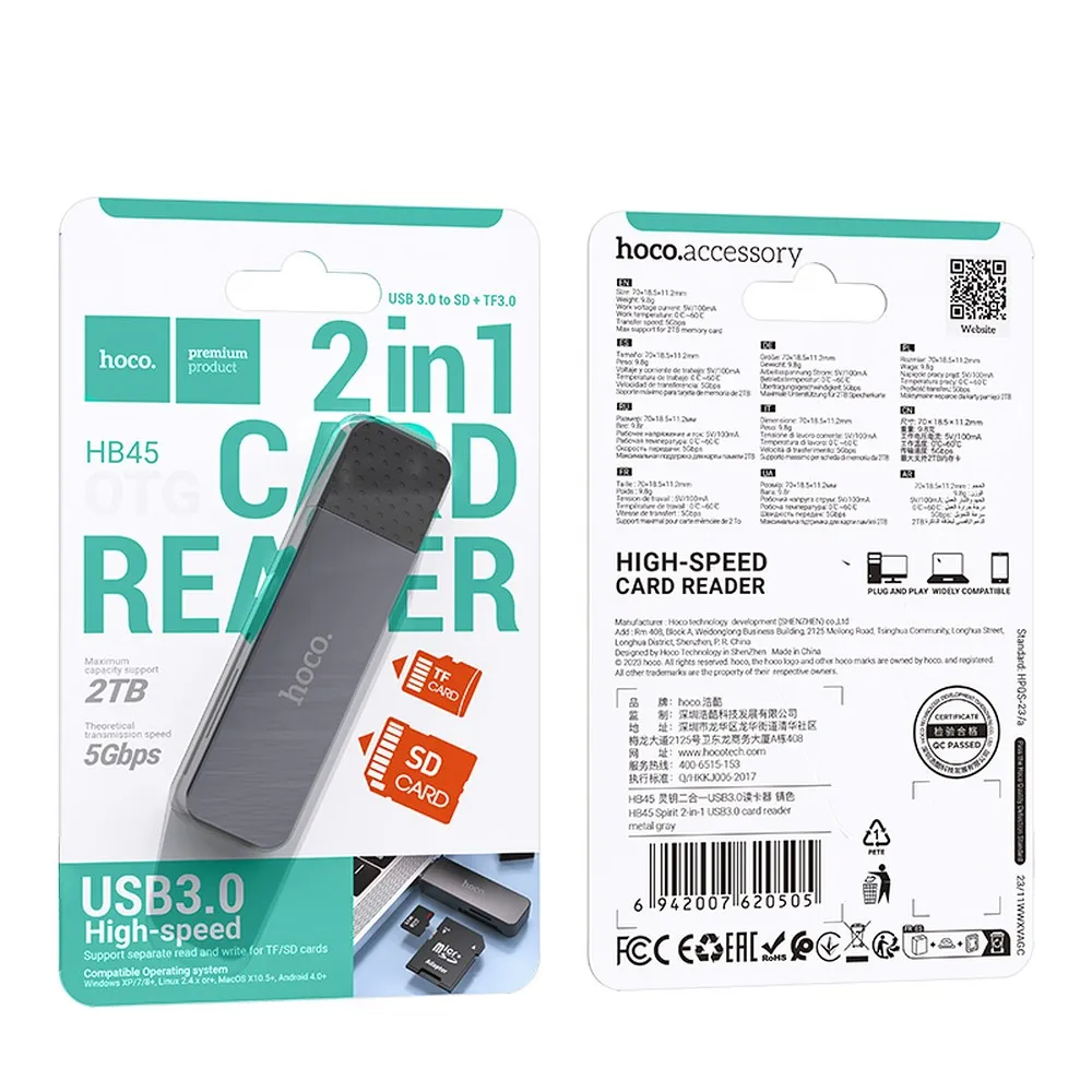 USB 3.0 Kaartlezer HOCO HB45, SD - microSD, Gri