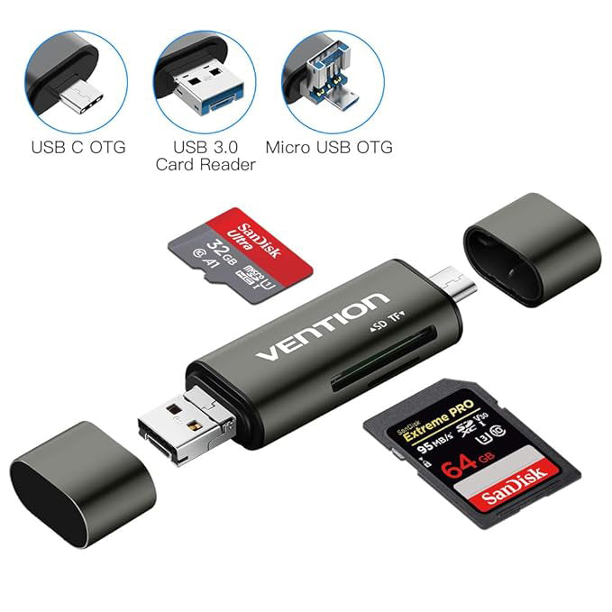 USB / USB-C / microUSB-kaartlezer Vention, SD - microSD, Grijs CCJH0