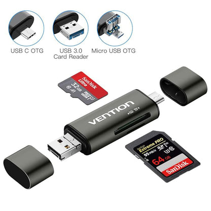 USB / USB-C / microUSB-kaartlezer Vention, SD - microSD, Grijs CCJH0