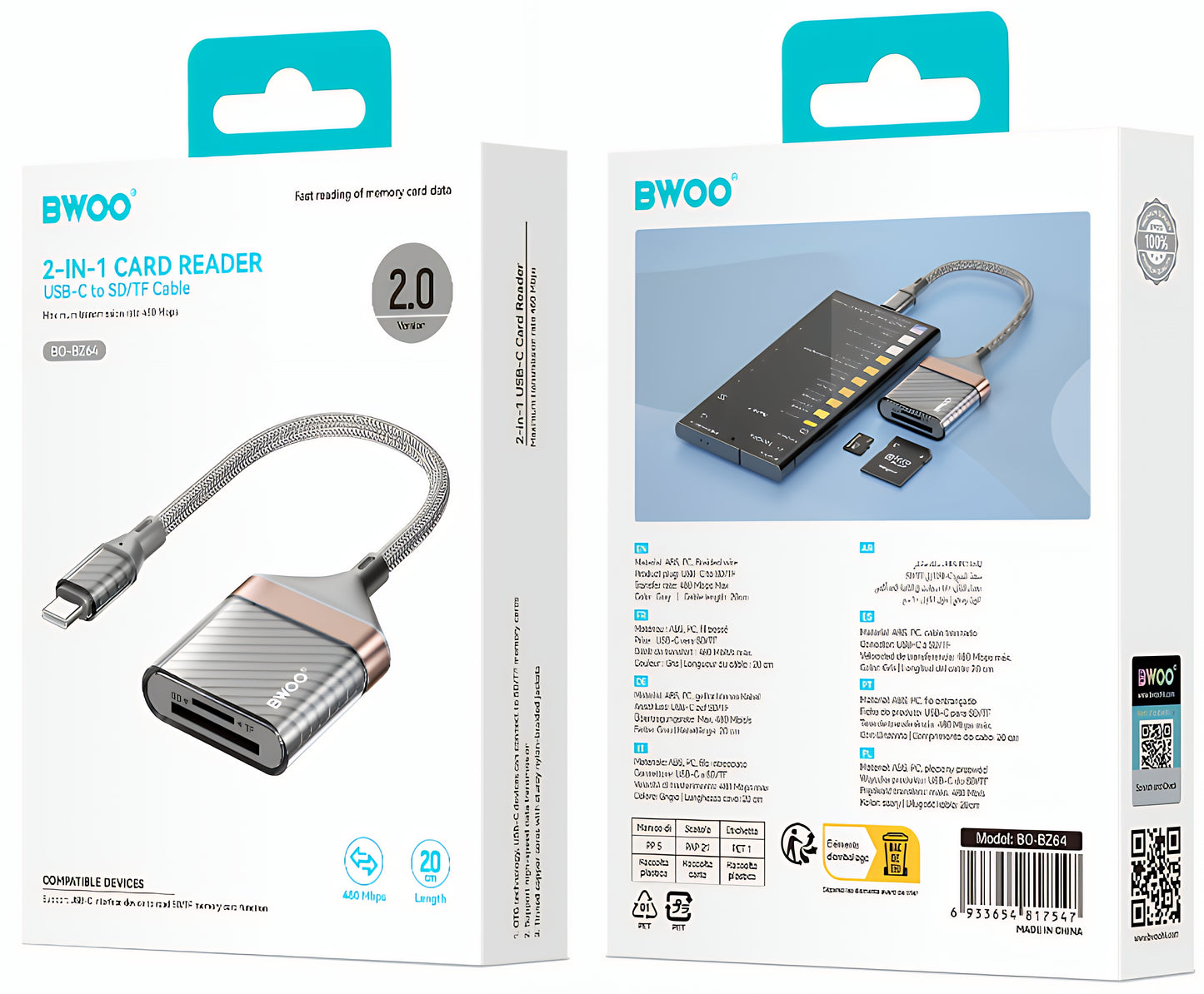 USB-C Kaartlezer BWOO BZ64, SD - microSD, Grijs