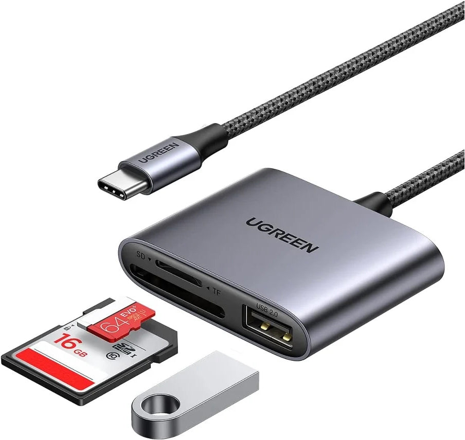 Kaartlezer USB-C UGREEN CM387, USB-A - SD - microSD, Zwart