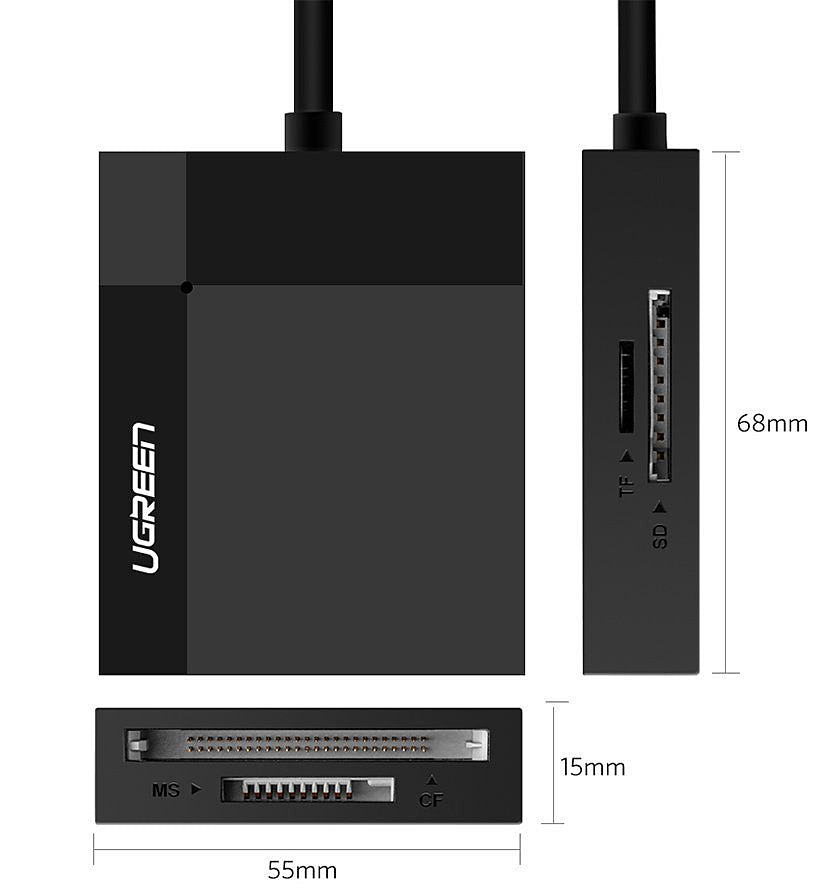 USB 3.0 Kaartlezer UGREEN CR125, SD - microSD - CF - MS, Zwart