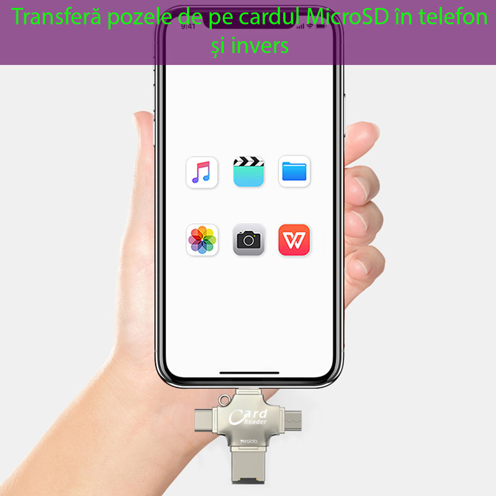Kaartlezer USB / USB-C / Lightning / microUSB Yesido GS13, microSD, Zilver