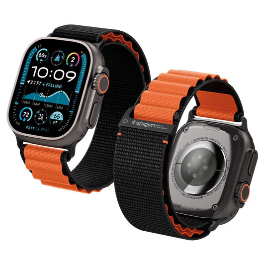 Spigen WBF1 band voor Apple Watch 49mm / 46mm / 45mm / 44mm Series, Zwart Oranje