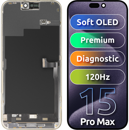 MP Touchscreen Display compatibel met Apple iPhone 15 Pro Max, met Frame, Premium Soft OLED FHD 120Hz Diagnostische Versie, Zwart, Herverpakt