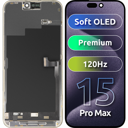 MP Touchscreen Display compatibel met Apple iPhone 15 Pro Max, met Frame, Premium Soft OLED FHD 120Hz Versie, Zwart