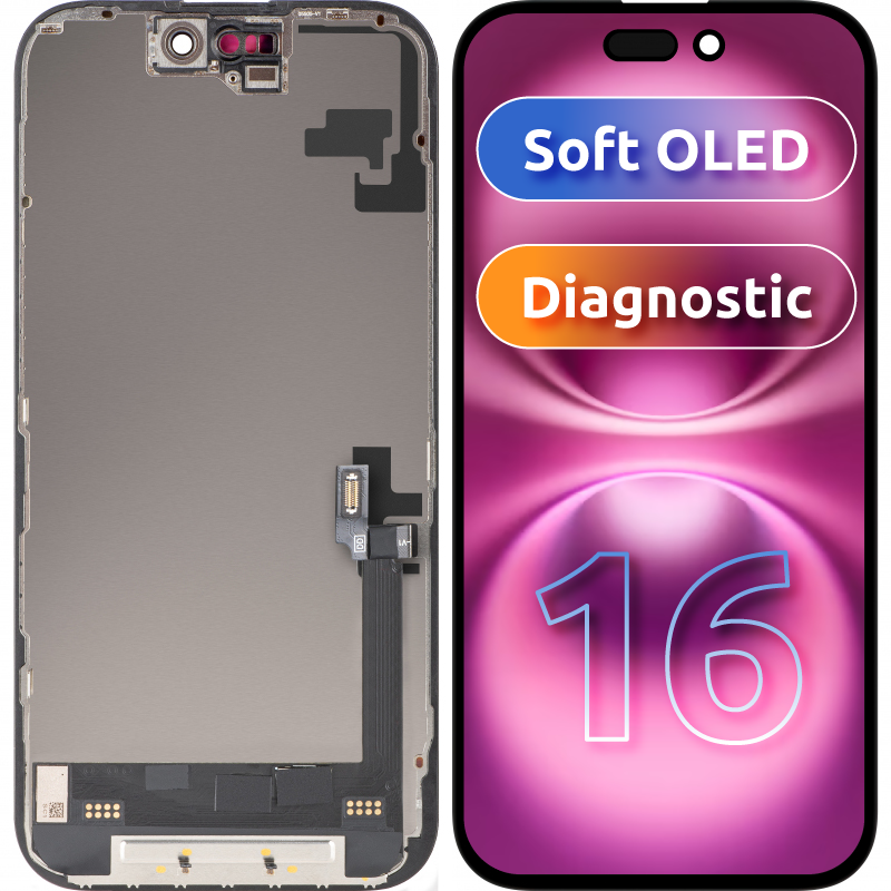 Display met MP Touchscreen compatibel met Apple iPhone 16, met Frame, Soft OLED FHD Diagnostic Versie, Zwart