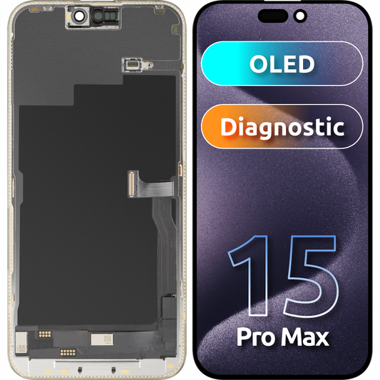 Display met MP Touchscreen compatibel met Apple iPhone 15 Pro Max, met Frame, OLED FHD Diagnostic Versie, Zwart